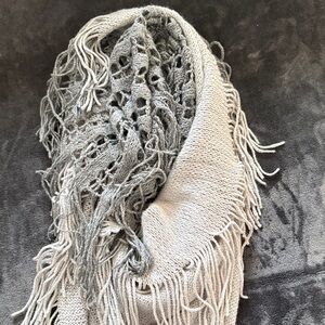 Gray and Cream Knit Fringe Scarf